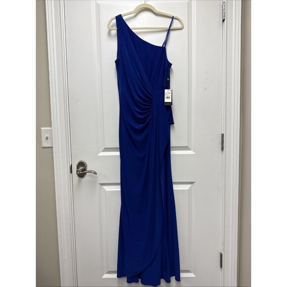 Adrianna Papell Size 12 Blue One Shoulder Jersey Maxi Dress Gown Cocktail Formal - Picture 3 of 11
